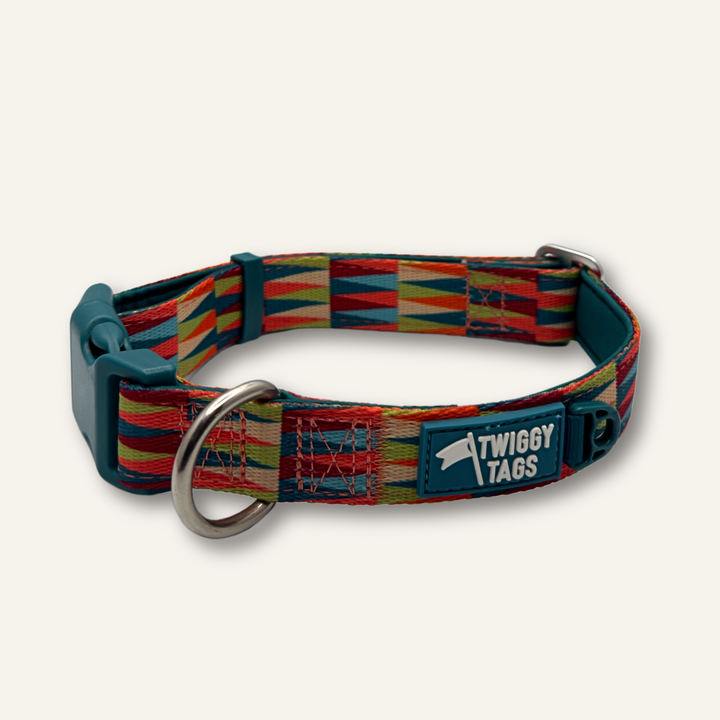 A multicolored striped dog collar with a label that reads 'TWIGGY TAGS' and a metal ring for ID tags.